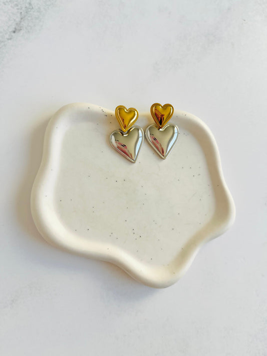 Aros dúo doble corazón de Acero Inoxidable con baño 18K