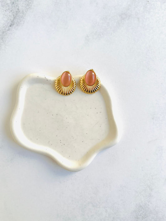 Aros Abanico con piedra rosada de Acero Inoxidable Baño 14K