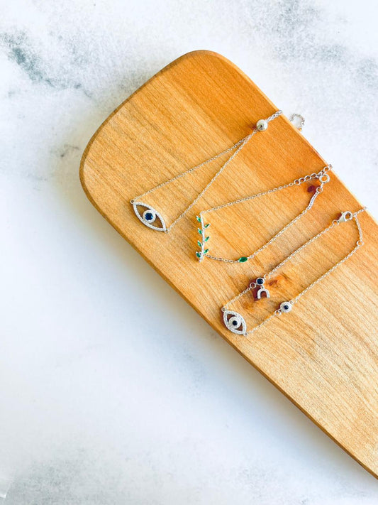 Pulseras de plata Ojo turcos, y pulsera hoja verde Plata ley 925