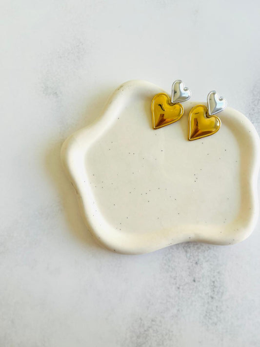 Aros corazón dúo de Acero Inoxidable y baño de oro 14K