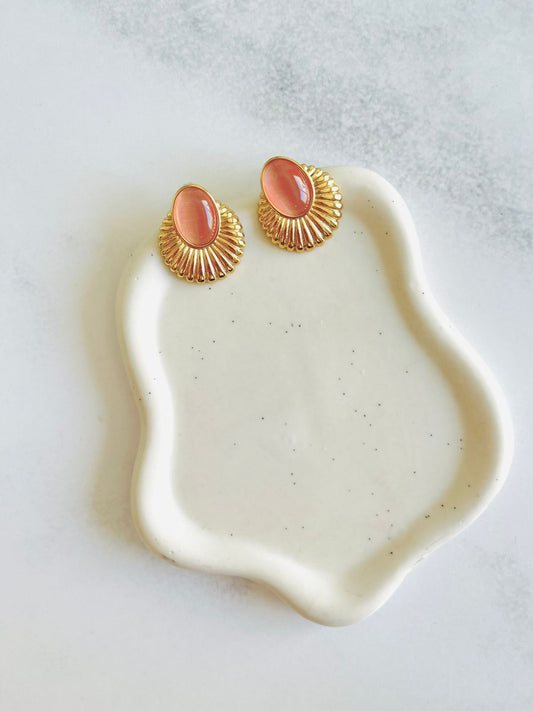Aros abanico con piedra rosada de Acero Inoxidable y baño de oro 18K